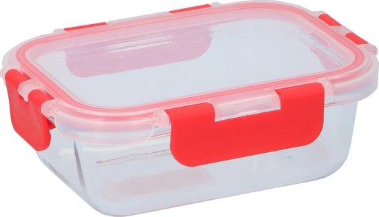Alpina Vershouddoos – 390 ml – Borosilicaatglas – Vriezer, Magnetron, Oven & Vaatwasserbestendig – 15,5 x 11,5 x 5,5 cm – Transparant/Rood
