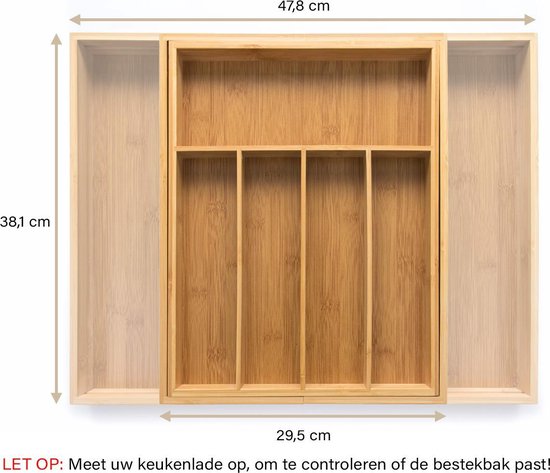 Budu Uitschuifbare Bamboe Bestekbak #38 (38 cm diep) - Bestekcassette Hout - Besteklade - 38 x 29,5 - 47,8 cm - 5/7 vakken