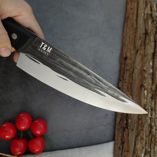 T&M Knives Premium Koksmes Torgnys - 30cm Keukenmes Geschaafd En Gehamerd Staal - Inclusief Cadeaubox en Beschermhoes