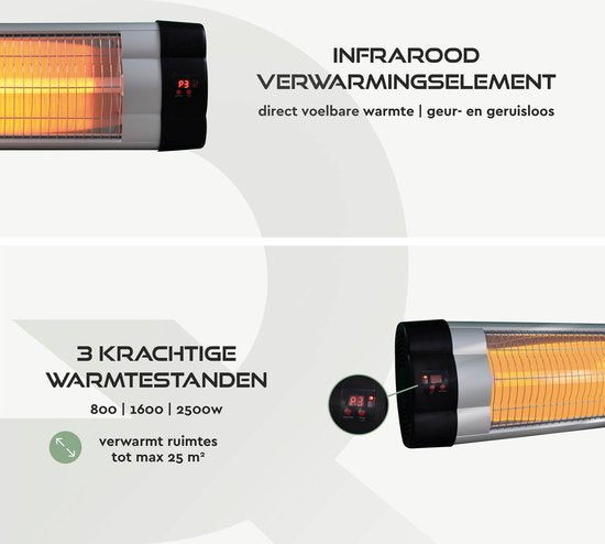 BRASQ Elektrische Terrasverwarmer Hangend PHW200 - Infrarood Heater 2500W - met Afstandsbediening en timer - 3 warmtestanden - Voor binnen en buiten - Spatwaterdicht - Zwart