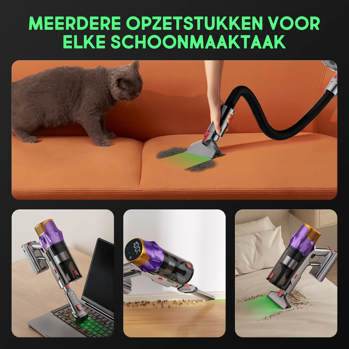 Daynee Draadloze Steelstofzuiger 65 kPa - Tot 70 Minuten Looptijd - Anti-Klit Borstel met LED - Ideaal voor Dierenhaar - Goud