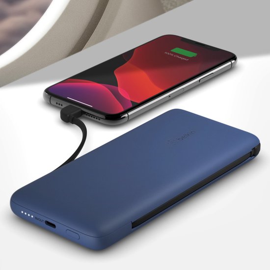 Belkin 10K PD - Powerbank - Met Geïntegreerde Kabels (USB-C & Lightning) - Blauw