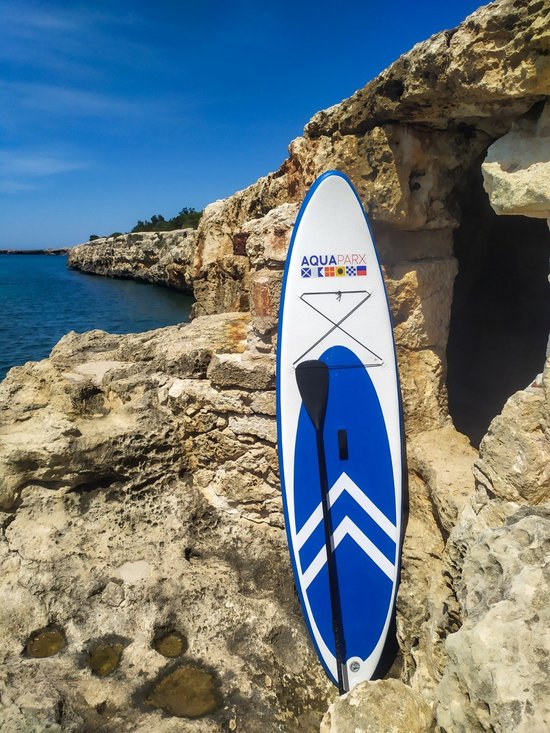 AQUAPARX MKII Professional Sup Board - Opblaasbaar peddelboard - voor beginners en gevorderden - 1 persoon - compleet geleverd - wit/blauw