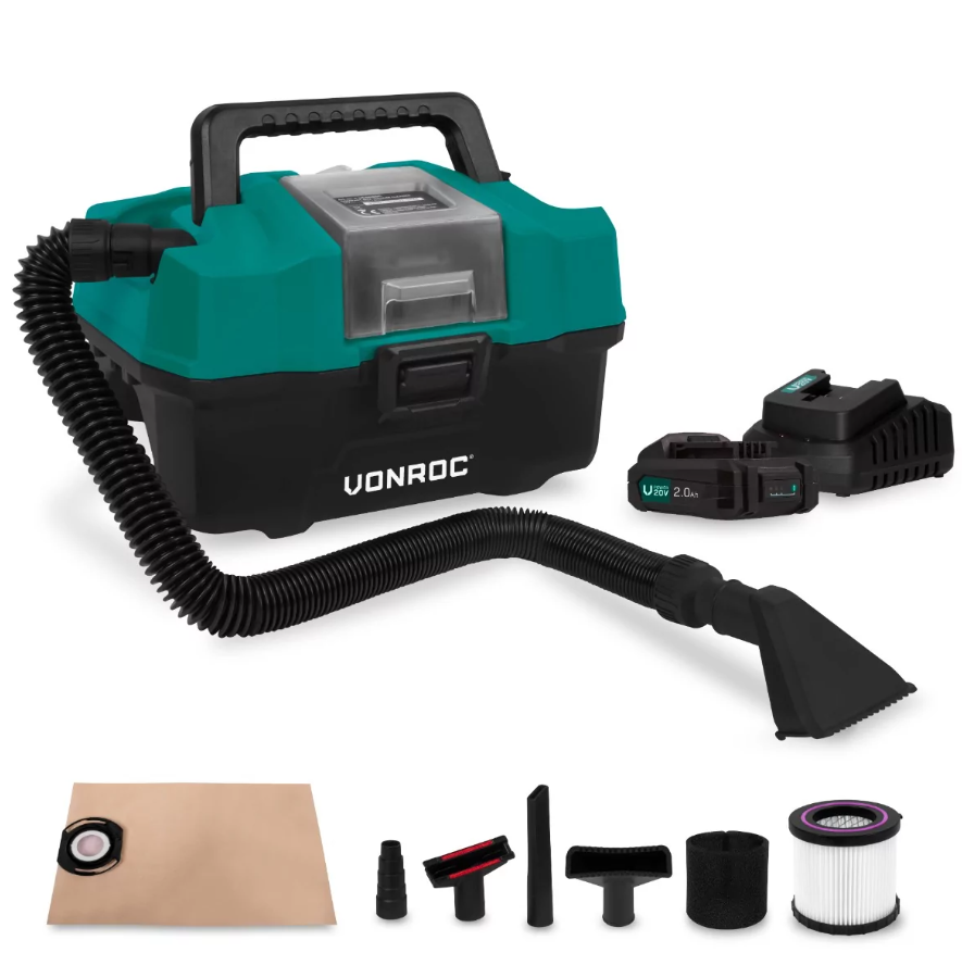 VONROC - Compacte alleszuiger 20V – 2.0Ah - Incl. Accessoires, 2 accu’s en snellader - Groen/Zwart
