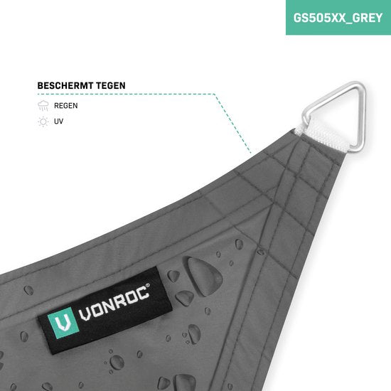 VONROC Premium Schaduwdoek - Driehoek - ∆ 360 cm – Waterafstotend - Grijs – Incl. Opbergtas en bevestigingskoord