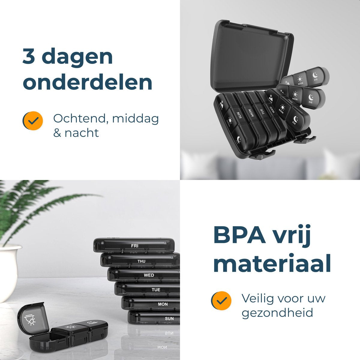 Alyze Medicijndoos 7 Dagen Zwart 15.6 x 12 x 4.2 cm – Pillendoos BPA-vrij met 3 Vakken per Dag – Compact en Duurzaam Medicatiebox