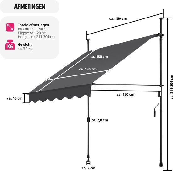 tectake - klemluifel - Zonnescherm – Zonneluifel - Verstelbaar - Klem-zonwering - Zonnescherm Balkon - 150 x 180 cm - zwartgrijs– zonwering - 404956