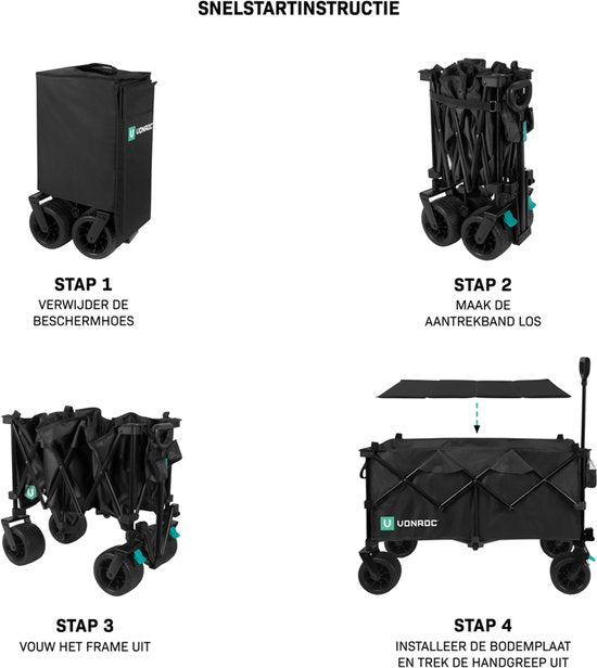 VONROC Bolderkar XL – Opvouwbaar - 80 kg draagvermogen – 200l inhoud - Extra ruim model - Massieve anti-lek wielen - Stevig stalen frame – Polyester 600D - Zwart