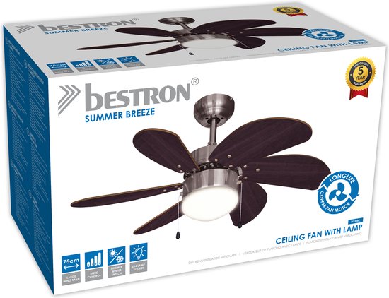 Bestron Plafondventilator met verlichting, 3 snelheden & grote spanwijdte van Ø75 cm, incl. Zomer-/winterfunctie, 50 W, DC30BC, kleur: Bruin /eik
