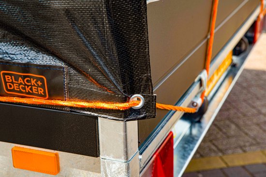 BLACK+DECKER Spanband met Oproller 20 Meter - Incl. Spanband Oproller - Sjorband - Transport Touw - Elastisch Koord - met Reflecterende Delen - Transportbeheer - Nylon/ Kunststof - Oranje/Zwart
