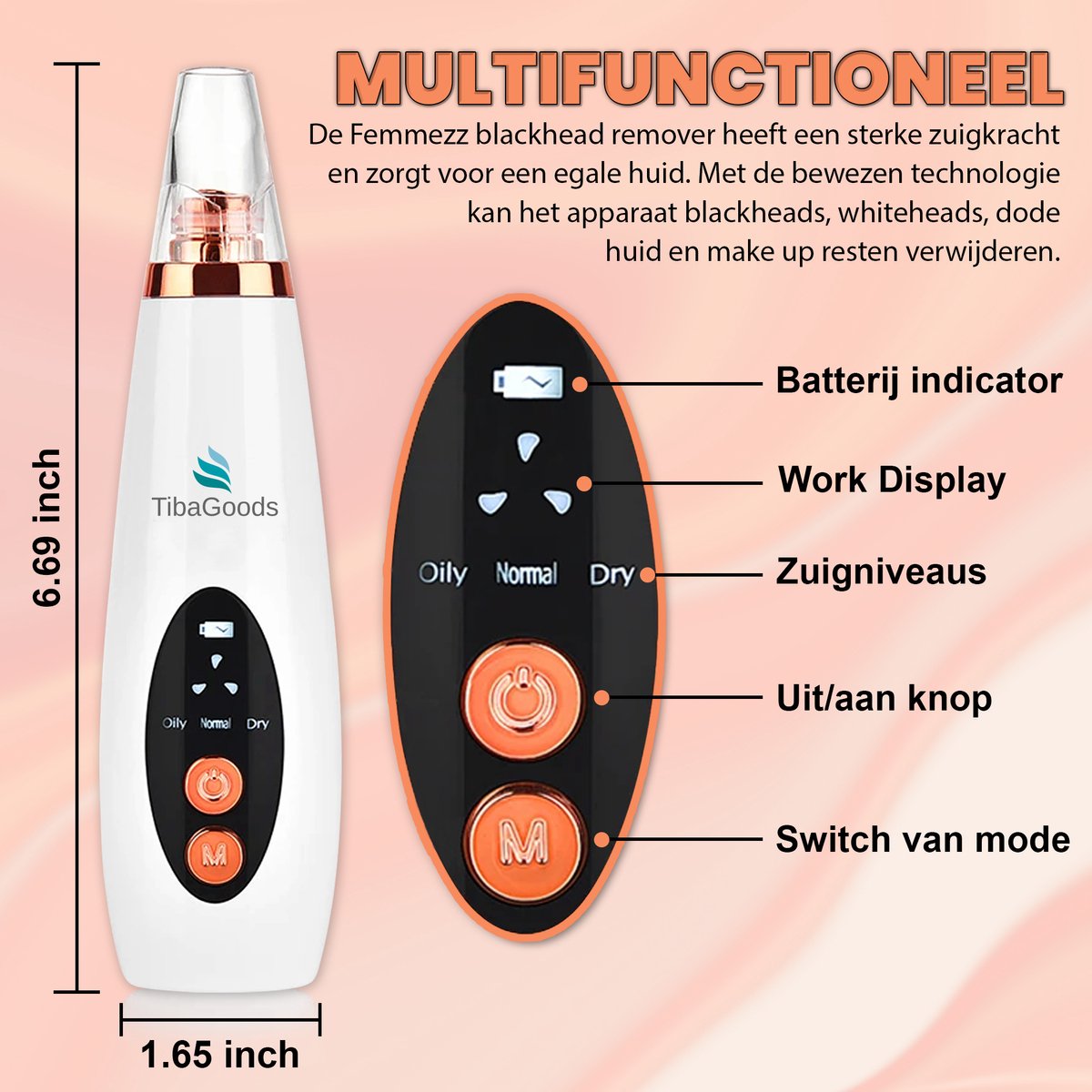 TibaGoods Premium Blackhead Remover I Poriënreiniger met 6 Opzetstukken Mee eters verwijderen | Acne | Comedonenlepels | Huidverzorging