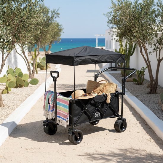AXI SB221 Opvouwbare Bolderwagen met dak – Zwart – Met Trekstang, Remmen en Hoes – 100 kg Draagvermogen – Eenvoudig mee te nemen - Metaal