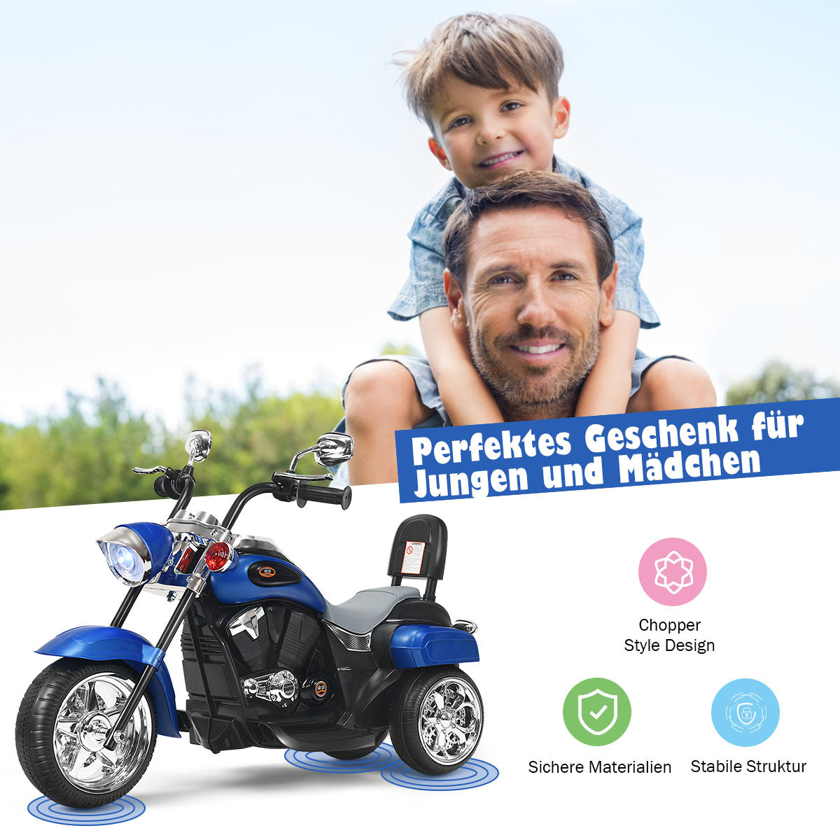 Coast 6V Elektro -motorfiets met verstelbare koplampmotorfiets met muziek 91 x 48 x 64 cm blauw + zwart