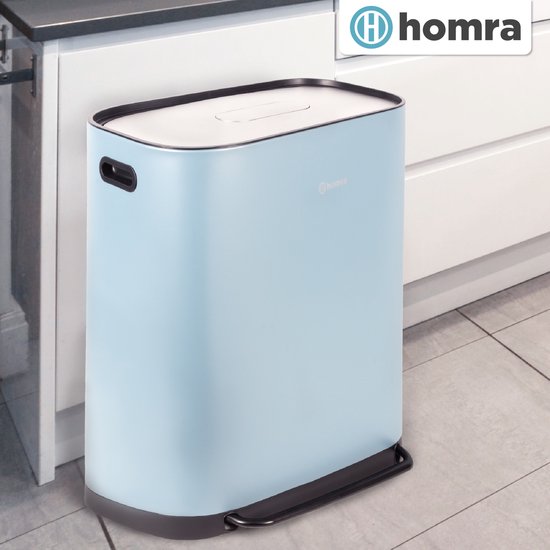 Homra Rockx Prullenbak 60 Liter - Duo Pedaalemmer 2X30L met Geurfilter - RVS Afvalscheidingsprullenbak 2 Vakken - Recycle Afvalbak - Vuilnisbak Keuken - Afvalemmer Afvalscheiding - Dubbele Prullenbakken Blauw