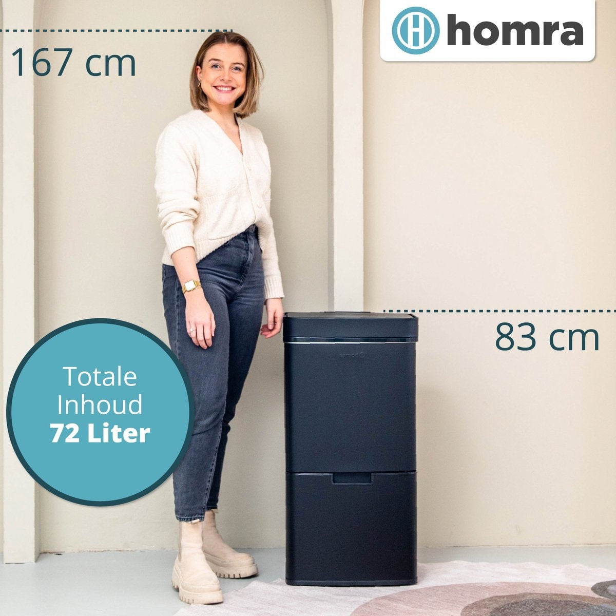 Homra Nexo Prullenbak Afvalscheiding 72 Liter - Zwarte Sensor Prullenbak 3 vakken - 2x12L + 48L - Recycle Afvalbak - Vuilnisbak voor huishouden en kantoor - Vuilbak keuken Afvalemmer - Afvalscheidingsprullenbakken - Automatische Soft Close Deksel