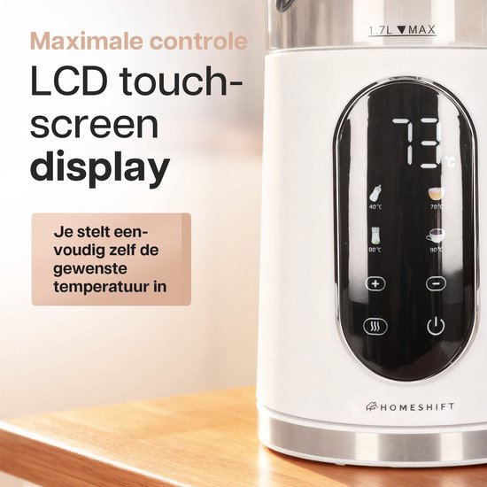 HomeShift® Waterkoker met Temperatuurregeling - Warmhoudfunctie - Dubbelwandig - Elektrisch - 1,7 Liter - 2200W - Wit
