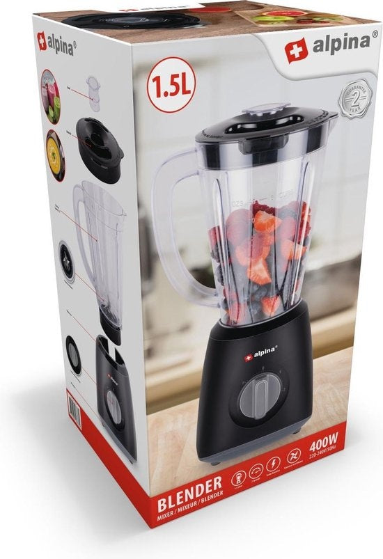alpina Blender - 1,5 Liter - 400 Watt - Turbofunctie - Kunststof Kan - Zwart
