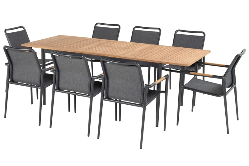 Tuintafel Hartman Silencio - 220 x 90 cm - Natuurlijk Teakhout - Uitklapbaar Blad - Grijs Aluminium Frame