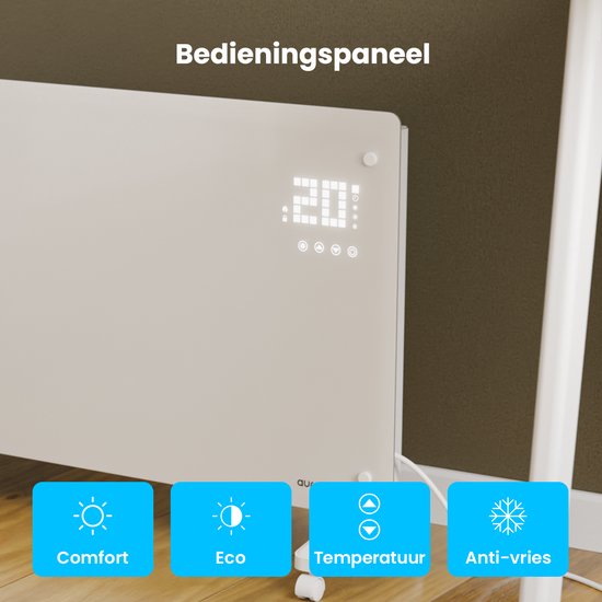 Auronic Elektrische Kachel – Convectorkachel met Thermostaat en Afstandsbediening - Paneelverwarming - tot 30 m² - 2500W Heater - Wit