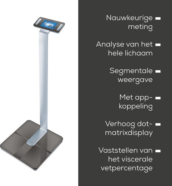 Beurer BF 1000 Super Precision Personenweegschaal - Uitgebreide lichaamsanalyse - Kolomweegschaal - Verlicht XXL display - Tot 200 kg - Kruismeting - 8 Elektroden - Bluetooth® - Beurer HealthManager Pro app - Incl. batterijen
