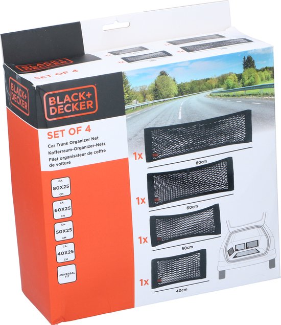BLACK+DECKER Bagagenet Auto 4 Stuks - Opberging - 4 Verschillende Afmetingen - Zwart