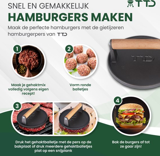 TTD® Hamburgerpers Gietijzer XL - Hamburgermaker Extra Zwaar - Hittebestendig - Strakke Grillgroeven - BBQ Accesoires - Barbecue Accessoires - Smash Burger - BBQ Gereedschap