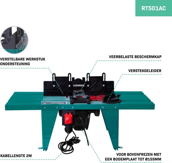 VONROC Freestafel – Universeel – Voor bovenfrezen – bodemplaat tot Ø155mm – tot 1800W vermogen