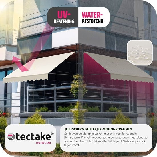 tectake - klemluifel - Zonnescherm – Zonneluifel - Verstelbaar - Klem-zonwering - Zonnescherm Balkon - 300 x 180 cm - beige – zonwering - 404963