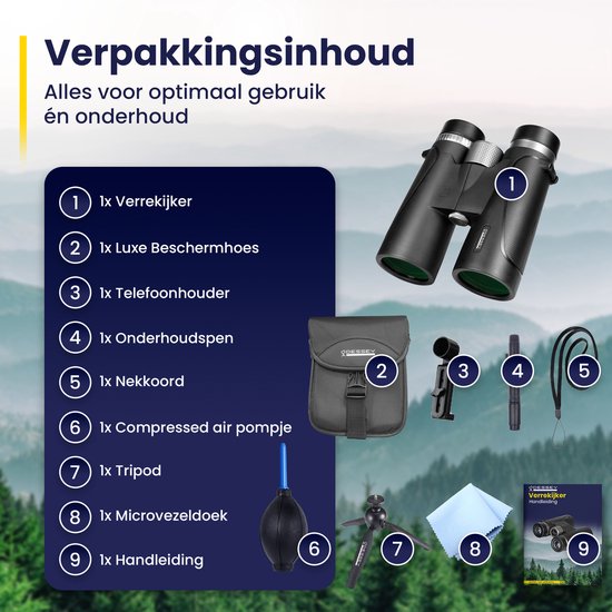 ODESSEY Verrekijker - met Statief, Hoes, Onderhoudskit en Telefoonhouder - 10x42 - FMC - BAK-7 - voor Volwassenen & Kinderen