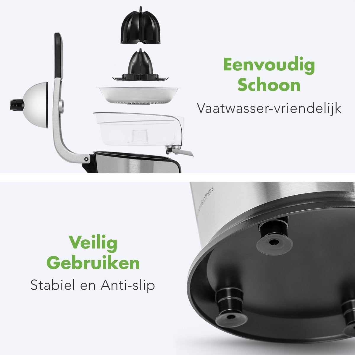 KitchenBrothers Citruspers - Elektrische Sinaasappelpers en Citroenpers met Pershendel - RVS - Zwart