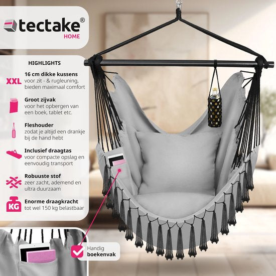tectake® Hangstoel voor binnen of buiten - Weerbestendig - Met tabletvak en bekerhouder - Macramé schommel voor balkon en tuin - Hangende schommel belastbaar tot 150 kg - Grijs