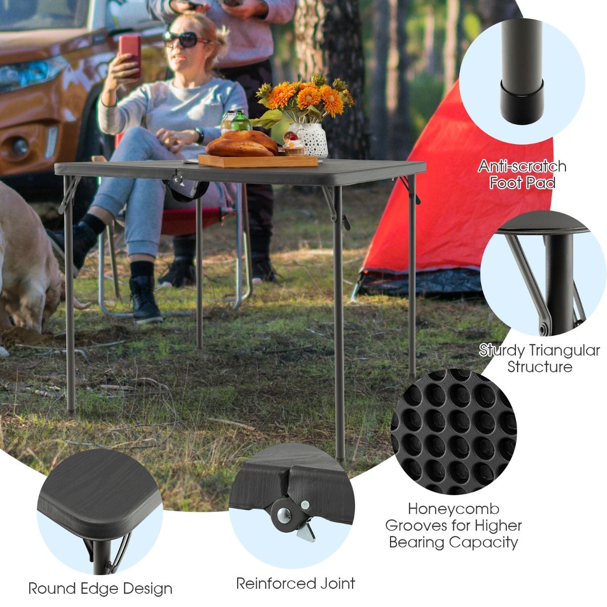 Coast Opvouwbare Campingtafel - Draagbaar met Handvat - Lichtgewicht - Grijs 86 x 86 x 73 cm