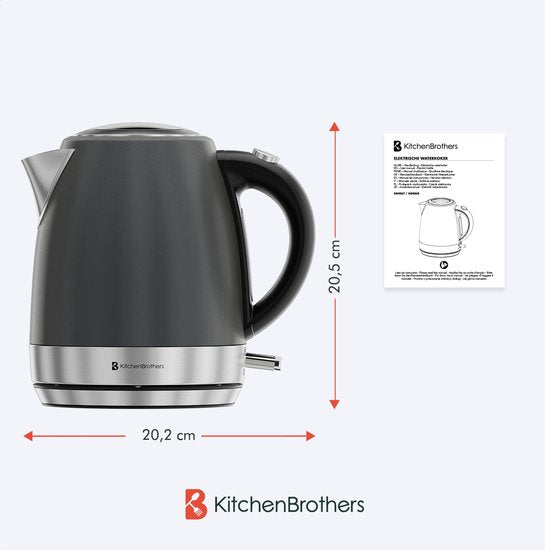 KitchenBrothers Waterkoker - Elektrisch - 1 Liter - Klein Camping Formaat - Reiswaterkoker met Kalkfilter - Titanium Grijs/RVS