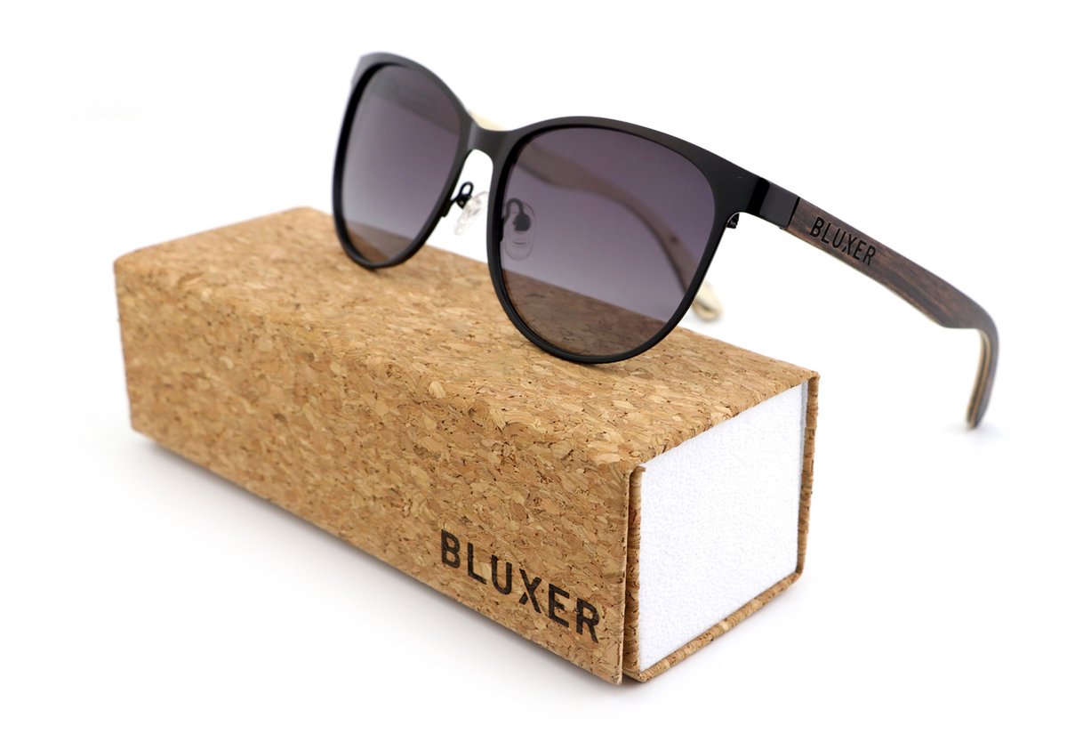 Bluxer® Houten Zonnebril - Unisex Gepolariseerde UV400 Zonnebril - Zwart RVS Frame met Ebony Houtfineer - Grijze Lens - 145 mm x 50 mm