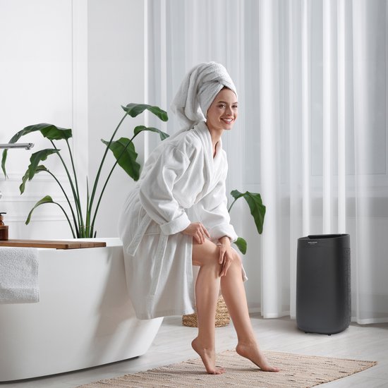 JAP Appliances Enivio D9 - Luchtontvochtiger en luchtreiniger met HEPA-filter en 4 wielen - Ontvochtigt 12L per dag - Hygrostaat - Ontvochtiger huis - Woonkamer, slaapkamer, badkamer en kelder - Met afvoer - Was-droog Functie