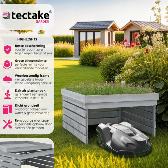tectake® Garage voor robotmaaier - Houten behuizing met groendak, plantenbak, bloembak - Tuinopslag voor grasmaaier - Weer- en UV-bestendig - 84 x 78 x 46 cm