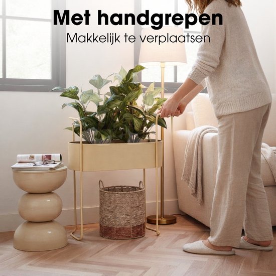 Mica Decorations Moritz Bloempot op Standaard - Plantenpot L55 x B24 x H65 cm - Plantenstandaard op IJzer - Bloempot Binnen of Buiten - Beige