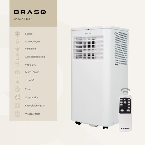 BRASQ 3-in-1 Mobiele airco met Raamafdichtingskit - Met afstandsbediening – Geschikt voor Slaapkamer - Woonkamer - Kantoor - Aircooler tot 16m2 - 9000 BTU – Wit