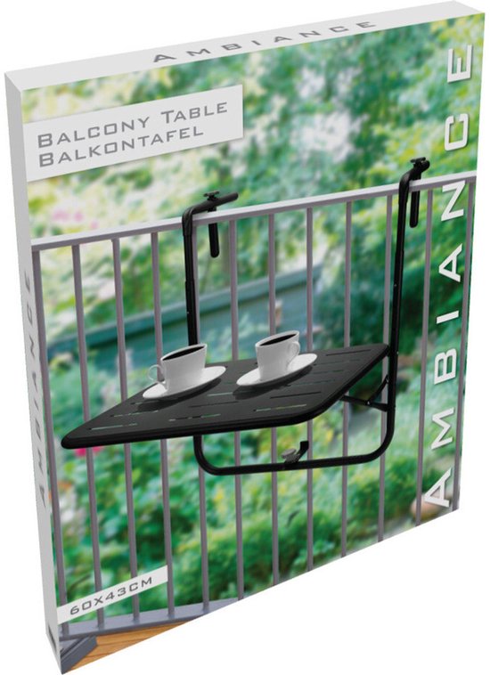 Pro Garden Balkon tafel - metaal - mat zwart - 60 x 43 cm - Inklapbaar - Hoogte verstelbaar