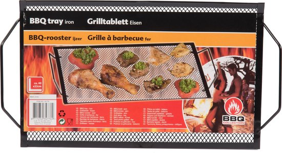 BBQ collection Barbecuerooster en Tray - 40 x 20 x 3 cm - Voor Vis, Vlees en Groenten - Metaal - Zwart