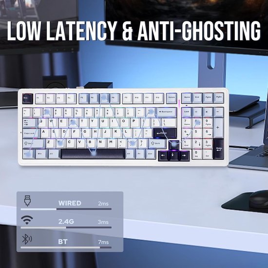 EPOMAKER x AULA F99 - Wit/Blauw - Mechanisch Draadloos Toetsenbord - RGB - 100% - QWERTY - Gaming Keyboard - Leobog Reaper Switch