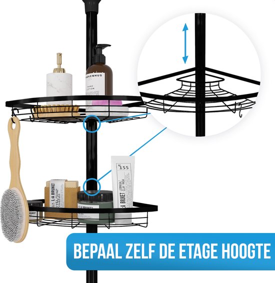 Strex Telescopisch Doucherek Zwart - Verstelbaar 70-275 cm - 4 Mandjes - Robuuste Kwaliteit - Doucherek zonder Boren of Schroeven - Badkamer Rekje