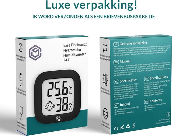 Ease Electronicz hygrometer - Weerstation - Luchtvochtigheidsmeter - Thermometer Voor Binnen - Incl. Batterij en Plakstrip