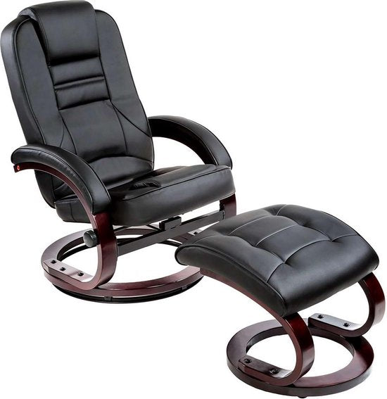 tectake® TV-Fauteuil met Kruk - Verstelbare Rugleuning - 360° Draaibare Relaxfauteuil - Houten Poten - TV-Fauteuil van Imitatieleer met Relaxfunctie - Zwart