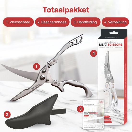 AoraKitchen Vleesschaar - RVS Keukenschaar - voor Vlees, Vis, Kip & Bot - Kruidenschaar - Vaatwasserbestendig - Incl. Hoes