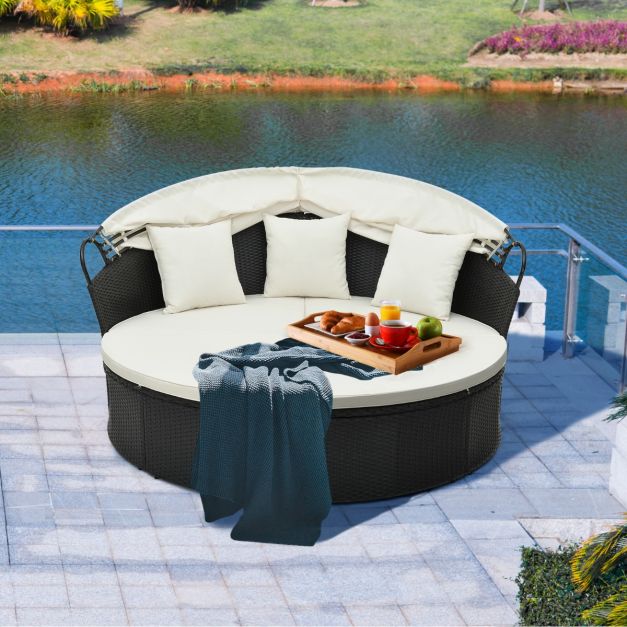 Costway Rond Ligbed – Incl. Kussens & Intrekbare Luifel – 187 x 180 x 157 cm – Zwart/Gebroken Wit