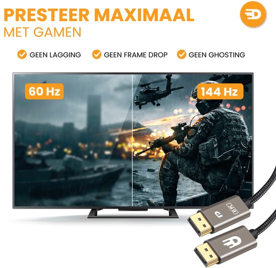 Drivv. Displayport Kabel - 8K 60Hz - 4K 144 Hz - 32.4GBps - Displayport 1.4 - DP Kabel - 1 meter - Modern Grey