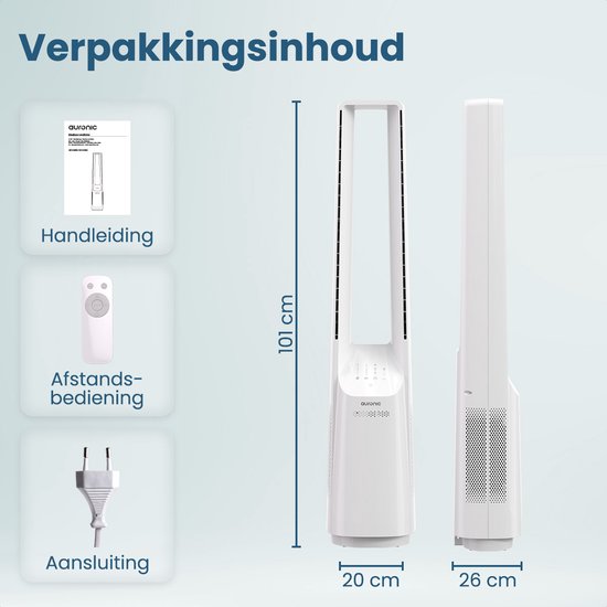 Auronic Torenventilator - Bladeless Model - Luchtkoeler - Vloerventilator - Stille Ventilator Staand - 101 CM - 6 Snelheden - Fan - Met Timer - 39 dB - Wit