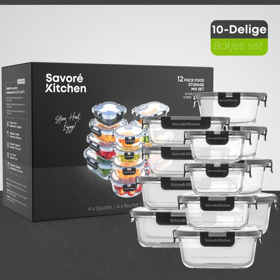 Savoré Kitchen Vershoudbakjes Set - Meal Prep Bakjes - Diepvriesbakjes Glas - Luchtdicht - 12 Stuks