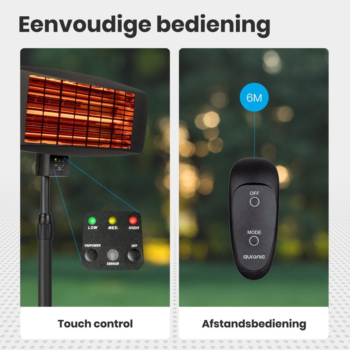 Auronic Terrasverwarmer - Infrarood - Elektrisch - 2000W - Heater - Hangend en Staand - met Afstandbediening - 3 Standen - Zwart